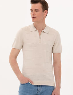 Bej Slim Fit Fermuarl_ Polo Yaka Triko Ti__rt - Pierre cardin фото 4