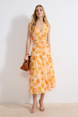 Cok Renkli Cicekli Bodycon V Yaka Kal?n Ask?l? Kolsuz Buzgulu Maxi Tul Orme Elbise TWOSS26EL00160