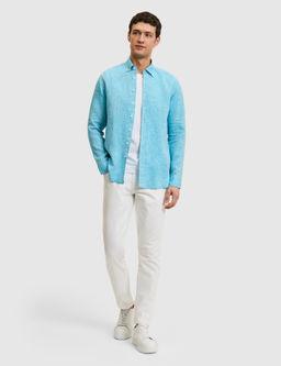 Turkuaz Regular Fit Yakas_ D__meli %100 Keten G_mlek