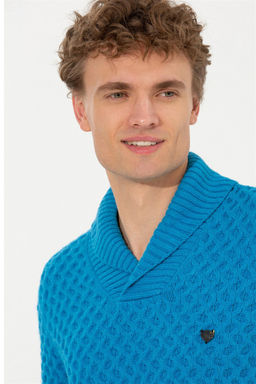 U. S. Polo Assn Мужской трикотажный свитер кобальтового меланжевого цвета с шалевым воротником - U.s. polo assn фото 8