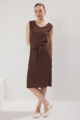 Kahverengi Burumcuk Kemer Detayl? S?f?r Kol Midi Orme Elbise TWOSS25EL00665 - Trendyolmilla фото 2