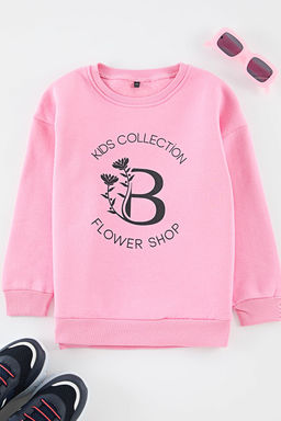 Pembe*001 K?z Cocuk Cicek Desenli Bisiklet Yaka Pamuklu Orme Sweatshirt TKDAW25SW00013