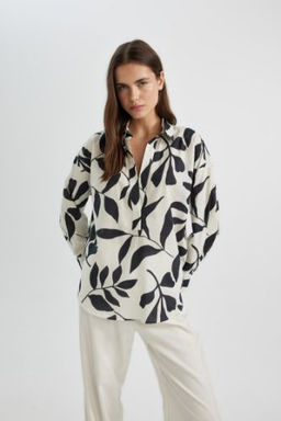 Oversize Genis Kal?p Desenli Vual Uzun Kollu Bluz