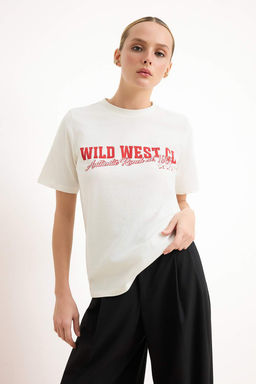 Ekru Slogan Regular/Normal Kal?p K?sa Kollu Tok %100 Pamuk Orme T-Shirt TWOSS26TS00082