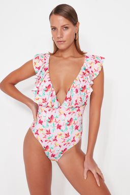 Cicek Desenli Derin Dekolteli Volanl? Normal Paca Mayo TBESS23MA00280