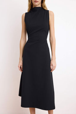 Siyah A-Kesim/Can Form Asimetrik Kolsuz Buzgulu Midi Paper Touch Orme Elbise TWOSS26EL00156