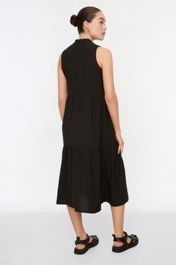 Siyah Shift/Duz Kesim Dik Yaka Midi Dokuma Elbise TWOSS20EL1864