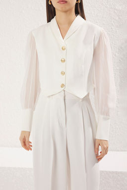 TRENDYOLMILLA Beyaz Metal Dugme Detayl? Kollar? Transparan Crop Dokuma Blazer Ceket TWOSS25BC00026  фото 4