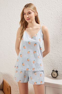 Trendyolmilla Yesil %100 Pamuklu Cilek Desenli Sortlu Orme Pijama Tak?m? THMSS25PT00066  фото 3