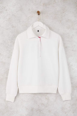 Teen Ekru Oversize/Genis Kal?p Patl? Polo Yaka Kal?n Orme Sweatshirt TWOAW26SW00008
