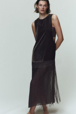 COMBINED VELVET BEADED FRINGED DRESS