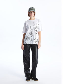 Bisiklet Yaka Mickey Mouse Bask?l? K?sa Kollu Oversize Kad?n Ti??rt - Waikiki фото 3
