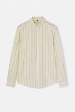 Haki Regular Fit Keten Gorunumlu Cizgili Nefes Alan Kumas Erkek Gomlek TMNSS26GO00025