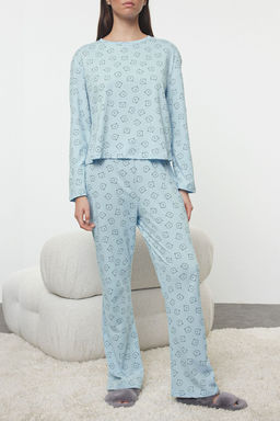 Trendyolmilla Mavi %100 Pamuklu Ay?c?kl? Orme Pijama Tak?m? THMAW25PT00131 фото 3