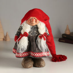 Кукла интерьерная текстильная «Бабусечка в длинном красном колпаке и сером платье», 25 см