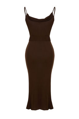 Kahverengi Kemerli Shift/Duz Kesim Degaje Yaka Midi Dokuma Elbise TWOSS21EL2394