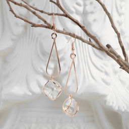 Серьги висячие со стразами Капля с ромбом, цвет белый в розовом золоте, 7,2см - Queen fair фото 2