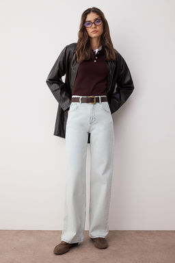 Buz Mavisi Yuksek Bel Wide Leg Genis Paca %100 Pamuk Non-Stretch Jeans TWOSS23JE00068