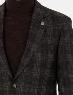 Kahverengi Slim Fit Y_n Ekose Ceket
