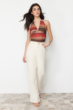 Cok Renkli Boyundan Baglamal? Vucuda Oturan Desenli Crop Esnek Orme Bluz TWOSS24BZ00061