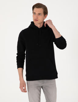 Siyah 2 _plik Regular Fit __i Polarl_ Kap__onlu Basic Sweatshirt