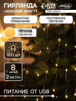 Гирлянда Конский хвост 8 нитей по 2 м, IP20, медная нить, 160 LED, свечение тёплое белое, USB
