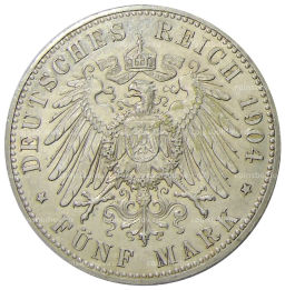 Монета 5 марок 1904 года Германия  400 лет со дня рождения Филиппа I Великодушного
