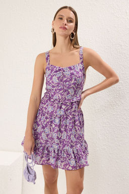 Mor Cicekli Etegi Belden Ac?lan Astarl? Mini Dokuma Elbise TWOSS25EL00189 - Trendyolmilla фото 2