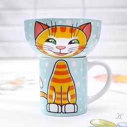 Набор детской посуды из керамики Рыжий кот, 2 предмета: кружка 200 мл, миска 300 мл