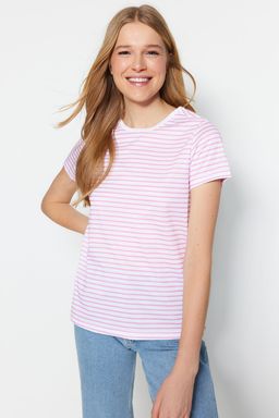 TRENDYOLMILLA Kahverengi-Bej-Haki Cizgili 3lu Paket Basic Bisiklet Yaka Orme T-Shirt TWOSS20TS0146 фото 30