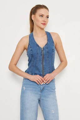 Trendyolmilla Ac?k Mavi Onu Fermuarl? Halter Yaka Fitted Denim Bluz TWOSS25BZ00068