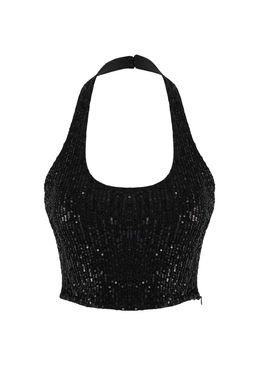 Siyah Kare Yaka Beden Oturan Payet Party Y?lbas? Bluz TPRSS26BZ00013