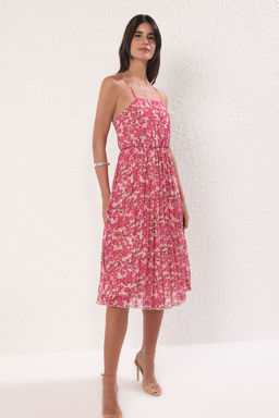 TRENDYOLMILLA Ekru Cicekli Etegi Belden Ac?lan Piliseli Midi Dokuma Elbise TWOSS25EL00581  фото 6