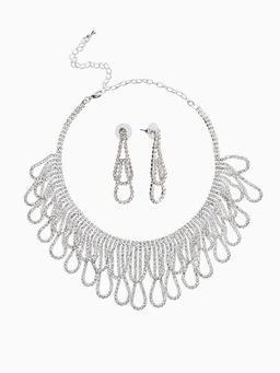 Набор 2 пред-а: серьги, колье со стразами "Лёд" люстры. d=13,5см, цвет белый в серебре