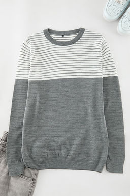 TRENDYOL MAN Gri Slim Dar Kesim Bisiklet Yaka Cizgili Triko Kazak TMNAW20LS0007 - Trendyolmilla фото 6