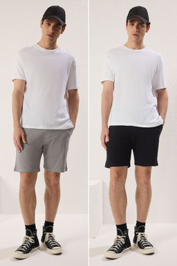 Siyah-Gri 2li Paket Regular/Normal Kesim %100 Pamuklu Dokulu Sort & Bermuda TMNSS25SR00040