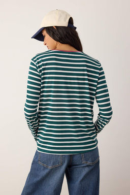 Zumrut Yesili-Ekru Cizgili Relaxed Kal?p Bisiklet Yaka Renkli Ribanal? Orme T-Shirt TWOAW23TS00026