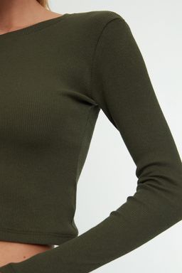 Siyah-Haki 2li Paket Fitted/Vucuda Oturan Bisiklet Yaka Crop Fitilli Esnek Orme Bluz TWOAW22BZ0331