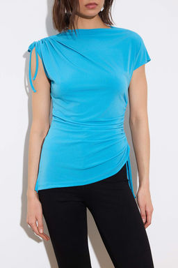 Limited Edition Mavi Fitted/Vucuda Oturan Dik Yaka Dusuk Kol Buzgulu Esnek Orme Bluz TWOSS26BZ00471