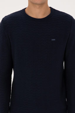 Erkek Slim Fit Bisiklet Yaka Desenli Lacivert Kazak