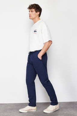 Lacivert Relaxed Fit Lastikli Beli Baglamal? Yazl?k %100 Pamuk Yumusak Keten Pantolon TMNSS24PL00002 - Trendyolmilla фото 4