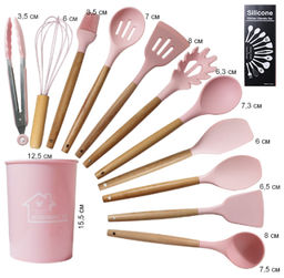 Кухонный набор 12 предметов в подставке/ KNA-105-1 /уп 16/ приборы силикон/дерево /0,960/розовый