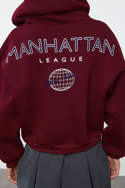 Bordo S?rt Bask? Detayl? Kapusonlu Kal?n Ici Polarl? Orme Sweatshirt TWOAW22SW0711