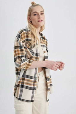 Фланелевая туника с длинными рукавами и воротником-рубашкой оверсайз - Defacto фото 4