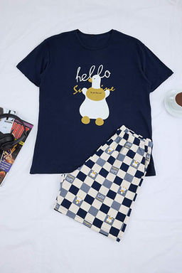 Lacivert K_sa Kollu Pamuklu Ekose Desenli _rdek Bask_l_ _ortlu Pijama Tak_m_ TMNAW26PT00008