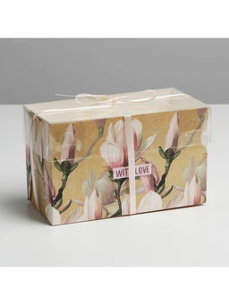 Цена за 5 шт. Коробка для капкейков, кондитерская упаковка, 2 ячейки «Магнолии», 16 х 8 х 10 см