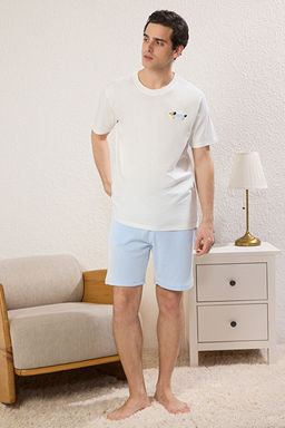 Mavi Unisex Ekru Regular Fit K_pek Nak__l_ _izgili _rme Pijama Tak_m_ TMNSS25PT00007 - Trendyolmilla фото 2