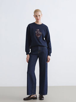 Bisiklet Yaka ?i?ekli Kad?n Kal?n Sweatshirt