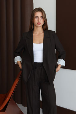 Kahverengi Rahat Kal?p Cizgili Astarl? Dokuma Blazer Ceket TWOAW26BC00044