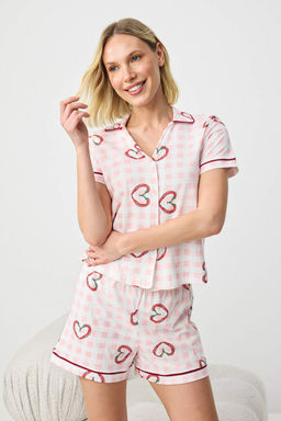 Pembe-Cok Renkli %100 Pamuklu Kalp ve Ekose Desenli Biyeli Orme Pijama Tak?m? THMSS26PT00201